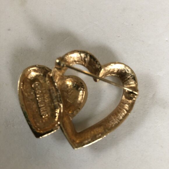 Vtg Signed EMMONS Pin/Brooch, Textured GT Double Heart w/Multi-Color Rhinestones - Picture 6 of 7